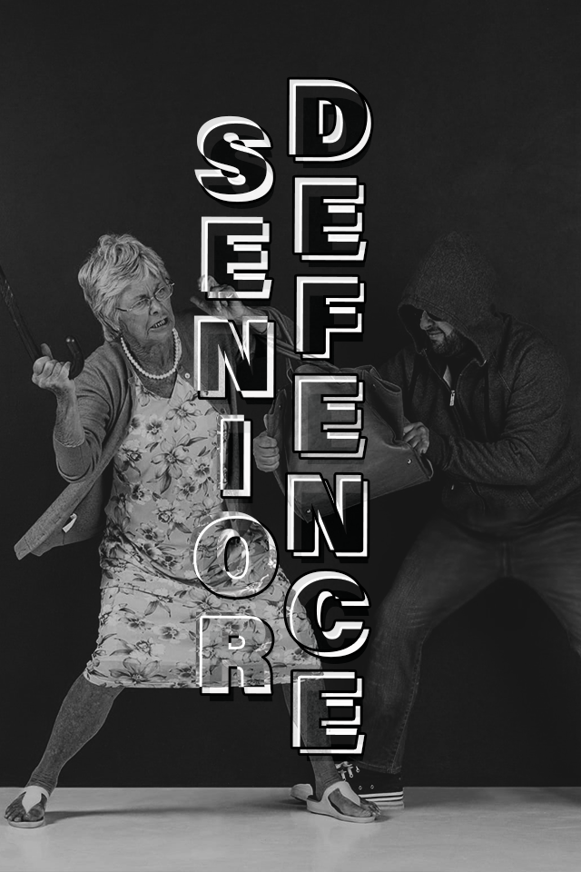 Senior Defence cover photo in black and white an older elderly lady defends herself from an attacker, using her walking stick.